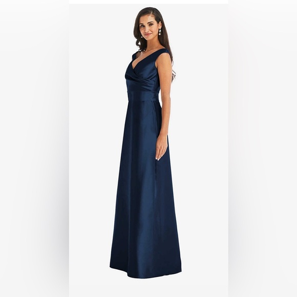 Alfred Sung Off-The-Shoulder Draped Wrap Satin Maxi Dress in Midnight Navy - Picture 2 of 5